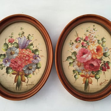 Vintage Floral Oil Paintings By Aprilis, Signed Originals, Set Of 2, Flower Bouquet, Shabby Chic 