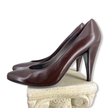 80s shoes sz 7.5, Vintage 1980s Charles Jourdan high heels, chocolate brown leather pumps, 80s designer shoes France 