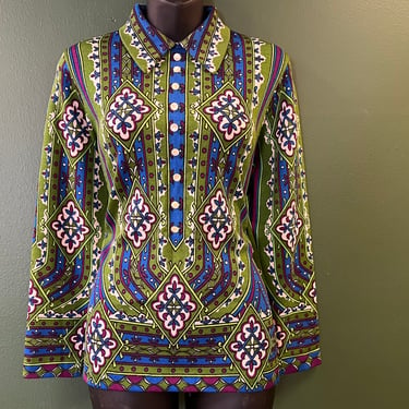 1960s psychedelic graphic blouse vintage mod knit long sleeve large 