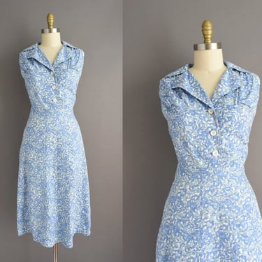 1940s dress | Adorable Blue Floral Print Feed-sack Cotton Summer Dress | Medium | 40s vintage dress 