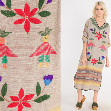 Vintage Embroidered Dress 90s Guatemalan Style Tapestry Tunic Dress Top Floral Print Midi Dress Short Sleeve Shift Boho Tan 1990s Medium M 