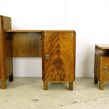 French Art Deco Flamed Maple Vanity & Night Stand Bedroom Set