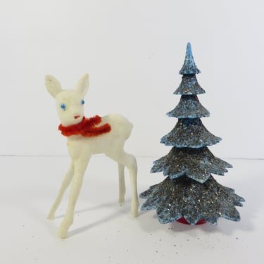 Vintage West Germany Mica Glitter Christmas Tree and Glittered Plastic Reindeer 