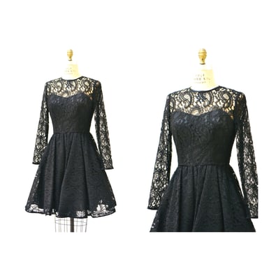 Vintage 80s 90s Black lace Dress Small Medium Long Sleeves Crinoline skirt// 90s does 50s Black Lace Party Dress Rimini Medium Paisley Lace 