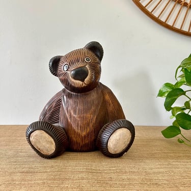 Vintage Carved Wood Teddy Bear - Handmade - Nursery Decor 