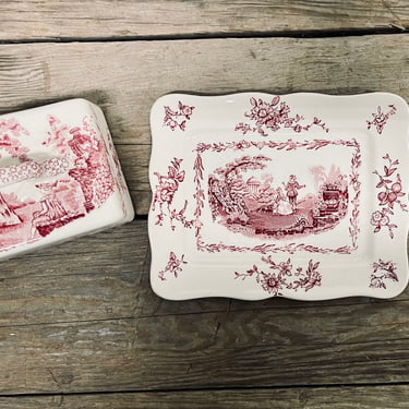 Ironstone Cheese Plate Platter Tray | Masons Vista Red and White Transferware | Masons Vista Ironstone | Large Butter Dish with Lid England 