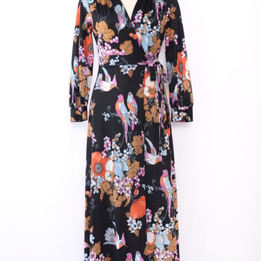 Botanical Bird Print Wrap Robe Dress M