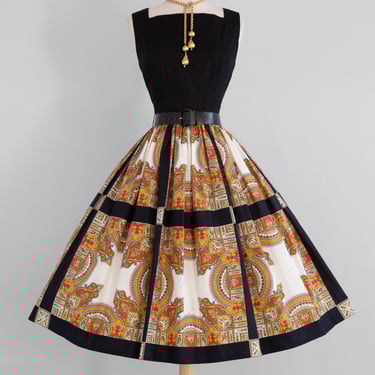 Stunning 1950's Baroque Border Print Cotton Sun Dress With Low Back / XS