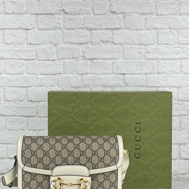 GUCCI  Horsebit 1955 GG-Canvas And Leather Cross-Body Bag - Beige White