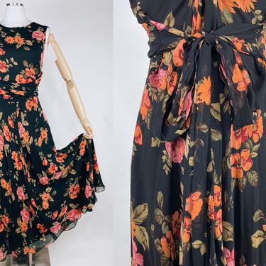 Vintage 90s-Y2K Long Flowing Black Floral Silk Dress by Adrianna Papell ML | Roses, Peonies, Tie Back, Sleeveless, Romantic, Spring, Formal 