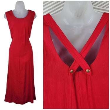 Vintage 90s Slip Dress size 12/14 Srappy Back Long Midi Red Event Party Crinkle 