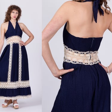1960s Mexican Boho Crochet Trim Maxi Halter Dress - Small to Medium | Vintage 60s Hippie Navy Blue White Pintucked Prairie Wedding Sundress 
