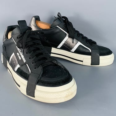 DOLCE &amp; GABBANA Size 10 Black White Silver Logo Leather Sneakers