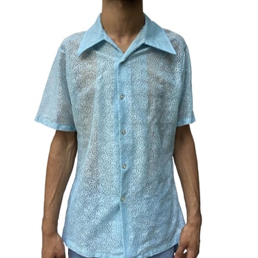 1960S Powdered Blue Polyester Lace Men's Short Sleeve Shirt 