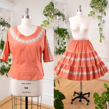 Vintage 1950s Patio Set | 50s Fiesta Blouse Circle Skirt Cotton Salmon Orange 2 Two Piece Dress Outfit | large 