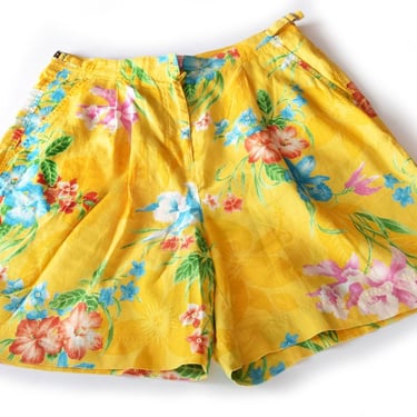 RALPH LAUREN Linen Shorts Yellow Floral Hawaiian Tropical Print Short Trouser Pants Vintage Y2K, 1980's, 1990's 18W, Large 