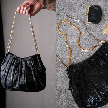 Vintage 80s Judith Leiber Black Shiny Snakeskin Handbag w/ Gold & Silver Block Chain Straps | 100% Genuine Snakeskin | 1980s Designer Purse 