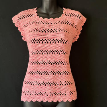 pink crochet blouse vintage boho open knit top large 