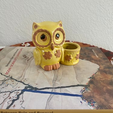 1950s Japan Glazed Pottery Owl Planter / Toothpick Holder 