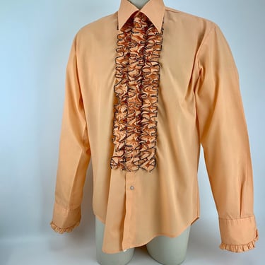 1970's Tux Shirt - Ruffled Front Panel & Cuffs - Soft Melon Color - AFTER SIX Label - French Cuffs - Poly Cotton Blend - Men's Size Large 