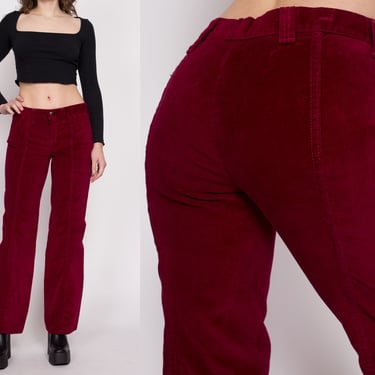 70s Wine Red Velvet Pants - Small | Vintage Mid Rise Straight Leg Trousers 