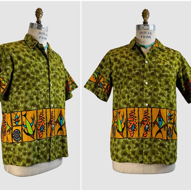 TROPICANA Vintage 60s Hawaiian Shirt | 1960s Fish Print Cotton Barkcloth Tiki Shirt - Hawaii | 70s 1970s, Aloha Mid Century | Mens Medium 