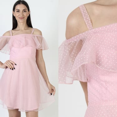 Pink Polka Swiss Dot Dress Vintage 70s Romantic Country Youthful Frock Pretty Barbiecore Style Mini Sundress 