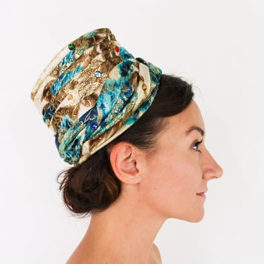 1960s Blue & Green Metallic Turban | 60s Blue Floral High Crown Hat | Jackie O 