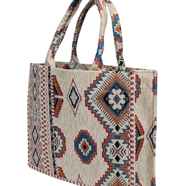 Baggyz - Cream, Teal, Red, &amp; Orange Print Tapestry Tote