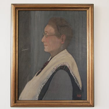 Antique 1926 MARJORIE JACKSON PORTRAIT Painting 21x17" Oil / Canvas Framed Clergy Man Woman Glasses Dark Gothic Modern Art folk outsider 