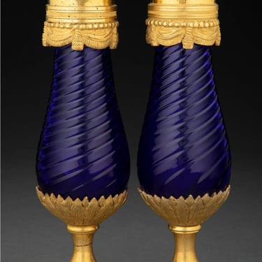 Antique Louis XVI Style Swirl Cobalt Blue Art Glass Gilt Bronze Garniture Vase Pair 19th Century 