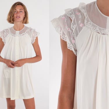 White Nightie 70s Nightgown Button up Mini Pajama Dress Ruffled Lace Sheer Floral Embroidered Tent Trapeze Lounge Vintage 1970s small s 