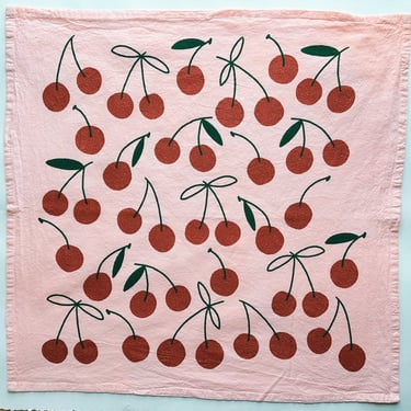 screen printed tea towel. glitter cherry on pink. flour sack cotton kitchen towel. boho home decor. hostess / mom. cherries. illustrated. 