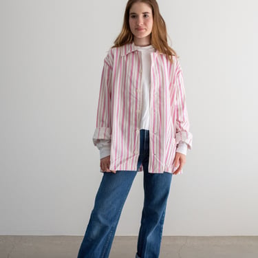 Vintage Pink White Vertical Striped Shirt Jacket | Unisex Flannel Stripe Cotton Pajama Chore shirt | L XL | SJ022 