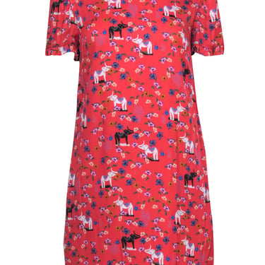 Corey Lynn Calter - Red Elephant & Flower Print Short Sleeve Shift Dress Sz S
