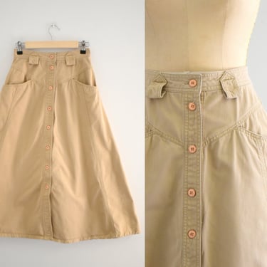 1980s Gloria Vanderbilt Khaki Twill Midi Skirt 