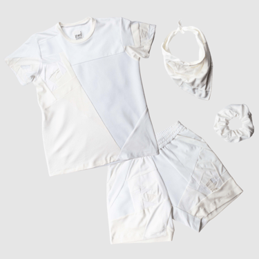 white 'all-over reroll' bundle (tee shirt + short + scrunchie or bandana)