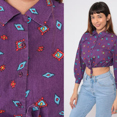Southwest Crop Top 90s Purple Button Up Southwestern Blouse Tie Waist Vintage 1990s Aztec Print Boho Hippie Long 3/4 Sleeve Medium 