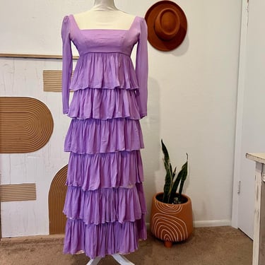 Vintage Handmade 70s Purple Multi Tiered Pleated Sheer Sleeve Square Neck Dress 