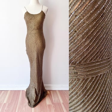 SIZE XXS / XS Scala Vintage Sequin Gold Maxi Dress / Y2K Silk Slinky Beaded Gown / Spaghetti Straps Prom Homecoming Dress with Shawl 