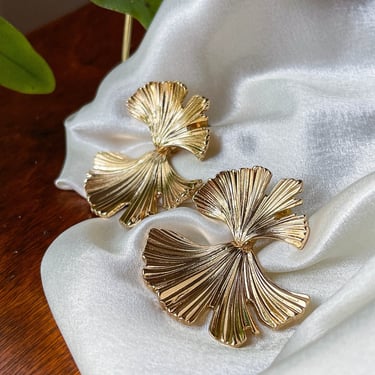 gold gingko leaf earrings, big long gold leaf statement earrings, dangle drop earrings, boho bohemian jewelr, unique gift for her 