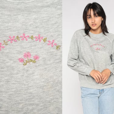 Floral Sweatshirt 90s Heather Grey Embroidered Flower Sweater Raglan Sleeve Crewneck Pullover Girly Kawaii Slouchy Vintage 80s Small S 
