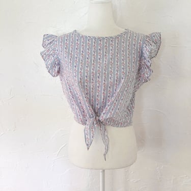 70s/80s Cropped Top Pastel Floral Striped Print Ruffled Sleeves and Tie Waist | Medium 