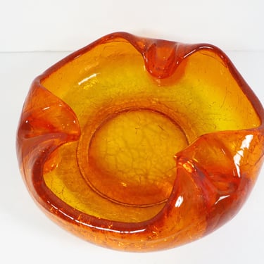 Mid Century Viking Crackle Glass Ashtray in Persimmon Orange 