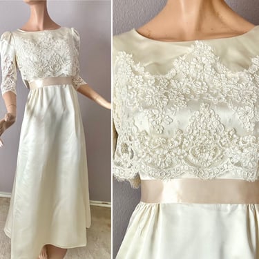 Vintage Maxi Dress, Wedding Gown, Cut Out Lace, Satin, Bridal,  60s 70s 