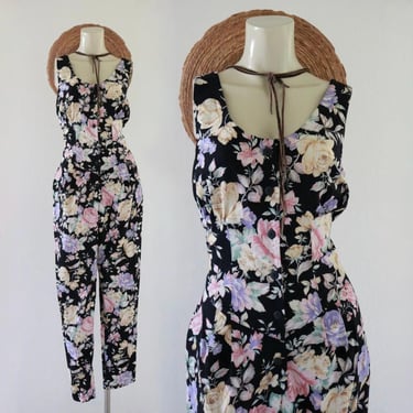 botanical cotton jumpsuit - s - vintage 80s 1980s floral womens sleeveless pants size 6 cute cottage core 