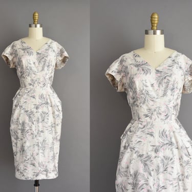 vintage 1950s dress | Gorgeous Pink & Gray Polished Cotton Cocktail Party Wiggle Dress | XS Small 
