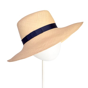 Yves Saint Laurent Vintage 1970s Beige Straw Wide Brim Hat with Navy Blue Ribbon