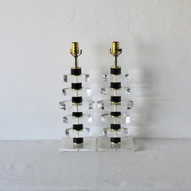 Postmodern Stacked Thick Lucite Table Lamps Black Brass Finish Metal Accents-a pair 