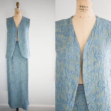 1960s/70s Blue Brocade Vest and Maxi Skirt Set 